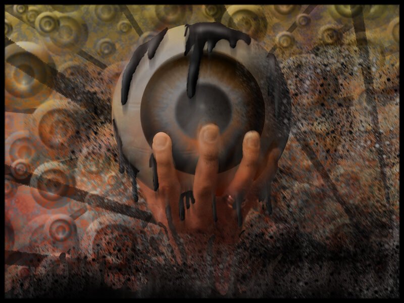 Searching for Vision, an eye held in a hand, digital painting